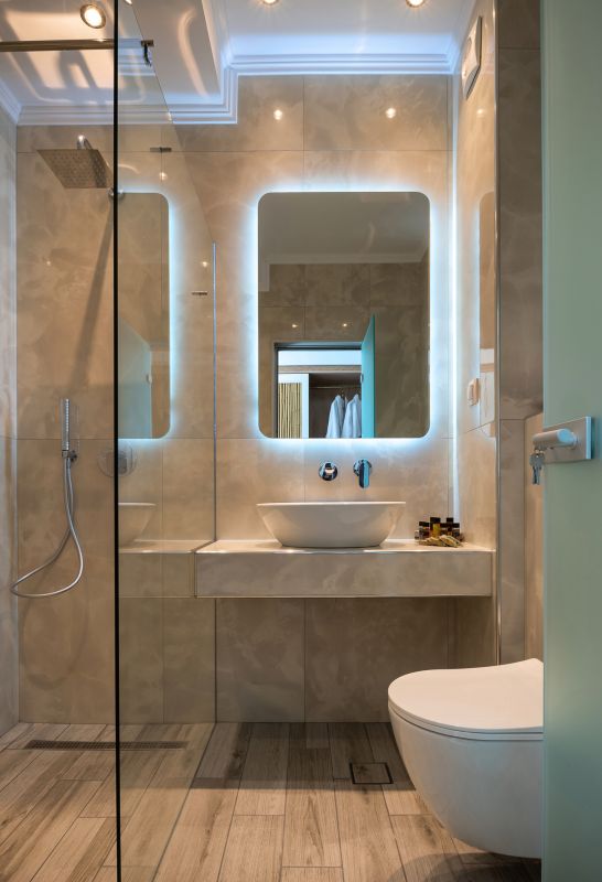 Bathroom with smart mirror and lighting controls